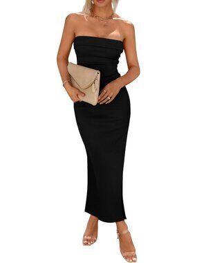 Women's Black Summer Bodycon Maxi Tube Dress Ribbed Strapless Side Slit Long